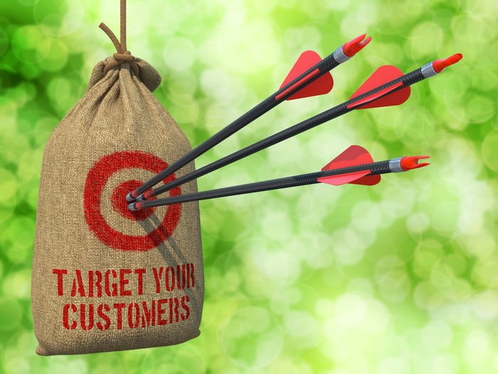 Target Your Customers - Three Arrows Hit in Red Target on a Hanging Sack on Green Bokeh Background.